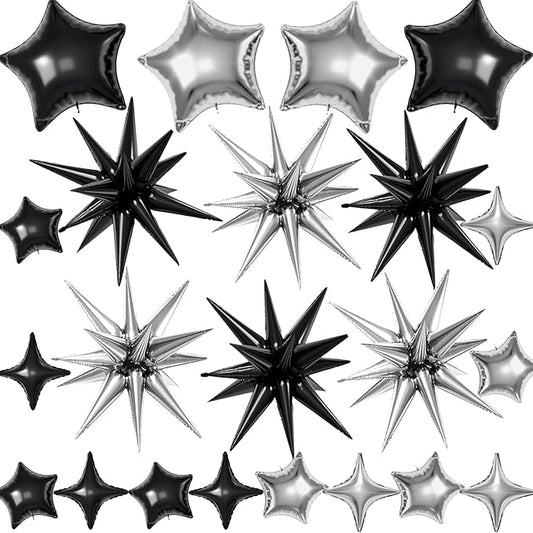 22 Pcs Star Balloons,22/18/10 Inch Star Foil Mylar Balloon,Spike Balloon and Four Pointed Balloons for Party Supplies Christmas Birthday Wedding Photo Booth (Black Silver)