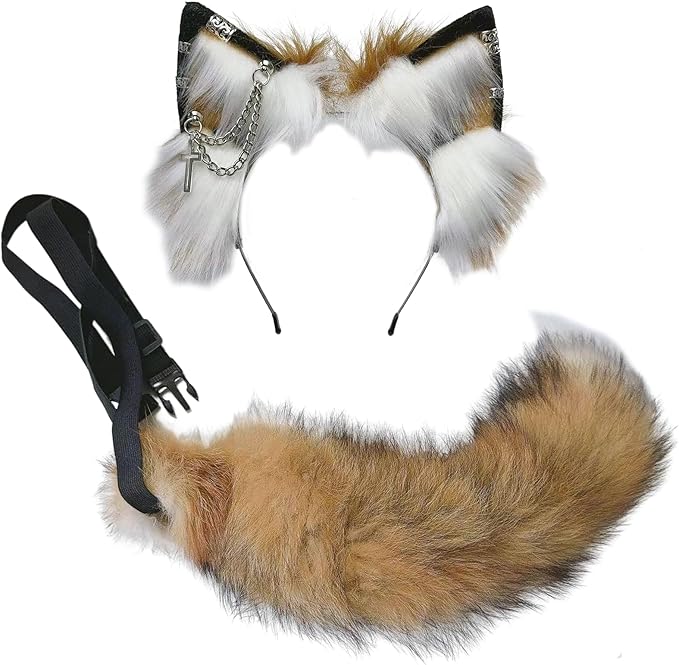 Wolf Ears Tail Set Fox Wolf Headbands Clips Fluffy Cosplay Costumes, Gothic Punk Accessories for Halloween