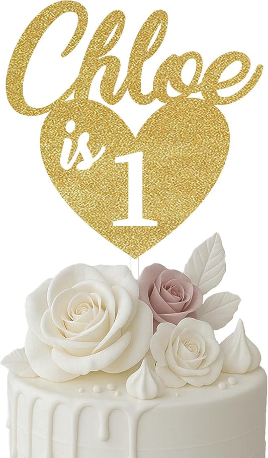 Birthday Heart Cake Topper, Personalized Cake Topper, First Birthday Custom Cake Topper Gold Glitter, Custom Text Cake Topper