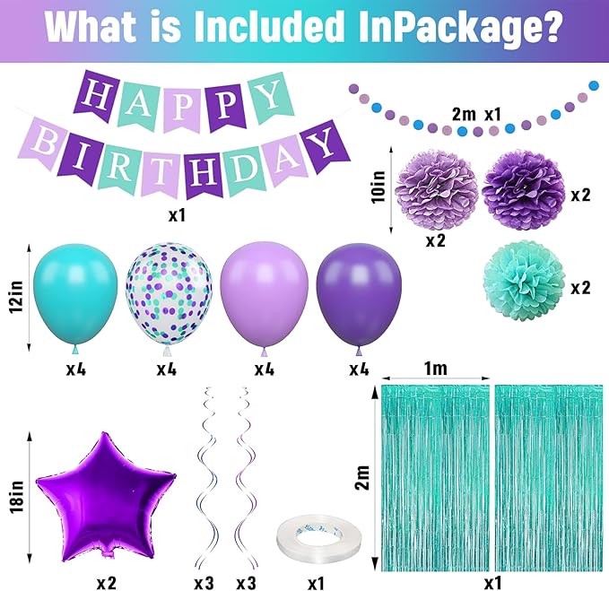 Mermaid Birthday Decorations Purple Teal Blue Party Balloons Happy Birthday Banner Dots Garland Purple Turquoise Green Fringe Curtain Pompom Swirls for Girl Women Baby Shower Party Decoration