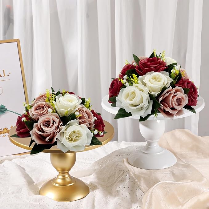10Pcs Artificial Flower Balls for Centerpieces, Fake Floral Centerpieces Wedding Roses Bouquet for Parties Valentine's Day Wedding and Home Decor (Burgundy & Dusty Rose & White)