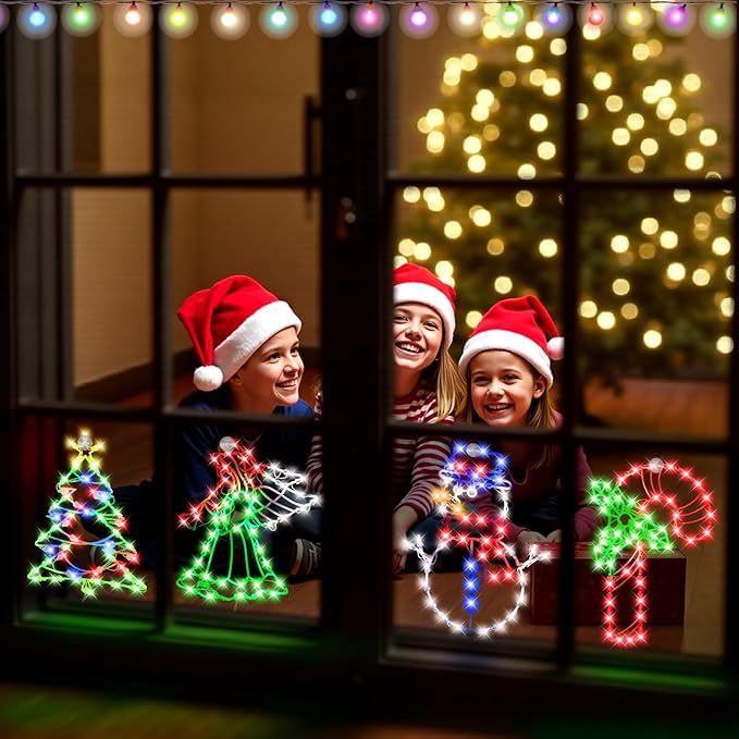 4 Pack Christmas Window Silhouette LED Lights Decorations, Angel, Xmas Trees, Candy Cane, Snow Man Christmas Window Light Decorations with 50 Bulbs for Holiday Wall Door Glass Decorations