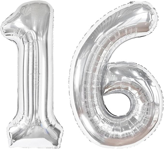 40 Inch Silver Mylar Foil Number 16 Birthday Balloon, Digital Balloons for 16 Boy Girl Party Decorations Supplies, Big Helium Balloon Numbers for 16 61 Men Women Anniversary