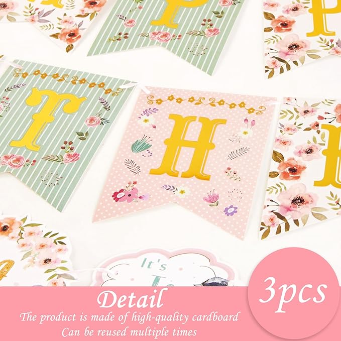 SUNBEAUTY Floral Tea Party Birthday Decorations Tea Happy Birthday Banner Floral Garland Birthday Banner for Alice in Wonderland Tea Party Decorations Photo Booth Backdrop | Pre-Strung