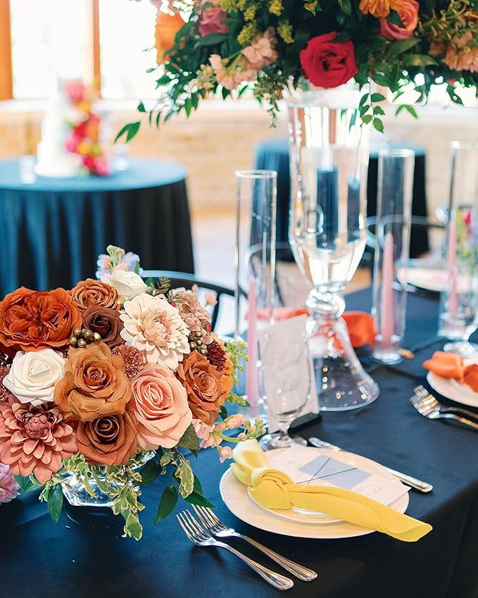 Orange Roses Artificial Flowers Fall Fake Flower Bulk for DIY Wedding Bouquet Bridal Baby Shower Centerpiece Table Decorations Faux Floral Arrangements for Party Home Decor Cake Decorating