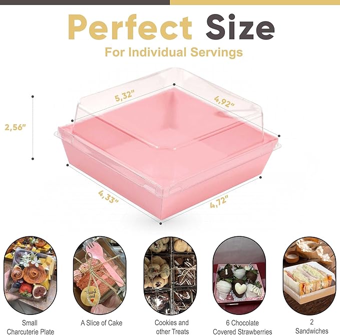 50 Pack Small Clear Treat Boxes - Dessert Boxes To Go - 5Inch Disposable Paper Mini Containers for Cookie, Cake Slice, Charcuterie, Bakery, Pastry, Strawberry, Baked Goods Packaging (Pink)