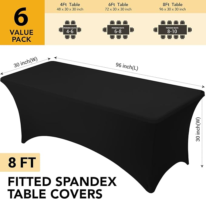6-Pack Premium Black Spandex Tablecloths for 8ft Rectangle Tables, Stain & Wrinkle-Resistant, Washable Stretch Polyester Fitted Table Cover for Weddings, Banquets, Events, Parties