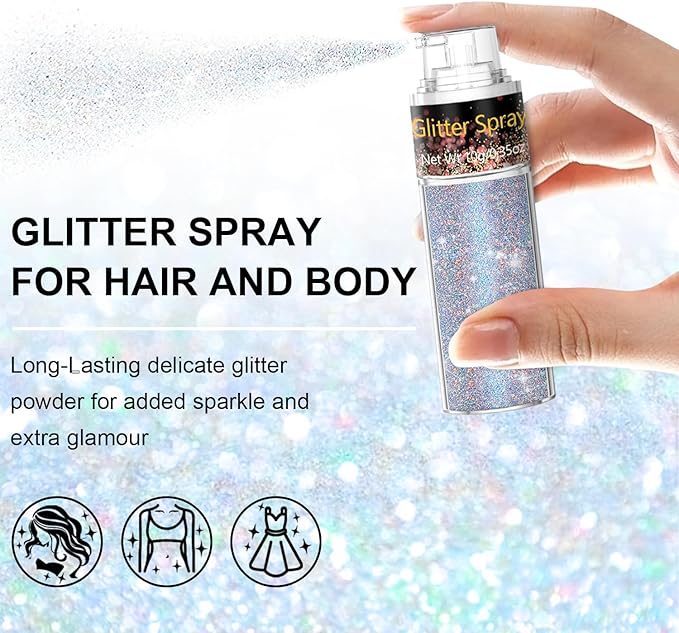 Holographic Body Glitter Spray 10g, Multicolor Sparkle Mist for Hair, Face Body, Long-Lasting Festival Makeup Glitter, Rave Party Shimmer Powder, DIY Craft Costume Glitter