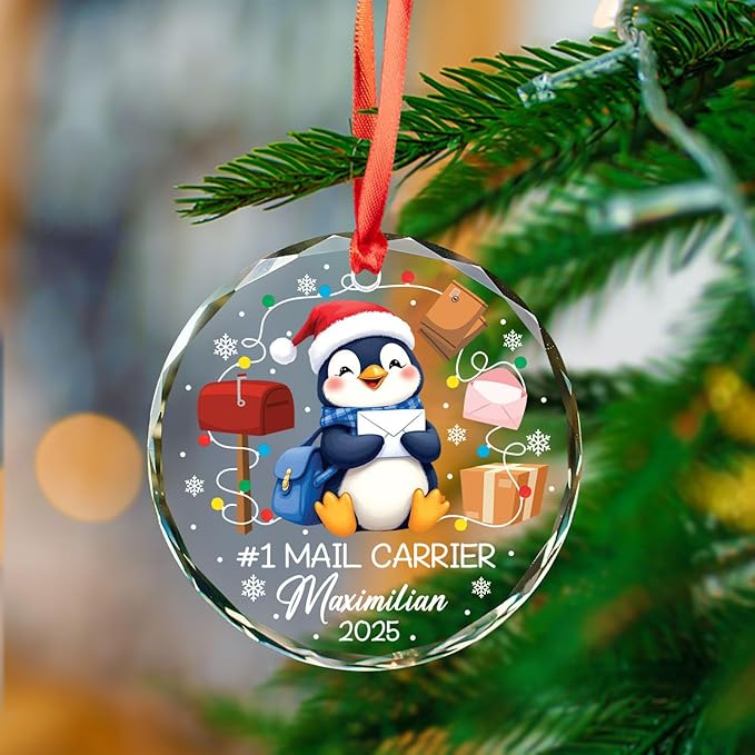 Personalized #1 Mail Carrier Christmas Glass Ornament, Best Mail Carrier Ever Ornament for Xmas Tree Decor, Custom Name Mailman Penguin Ornaments Xmas 2025, Postal Worker Christmas Keepsake Gift