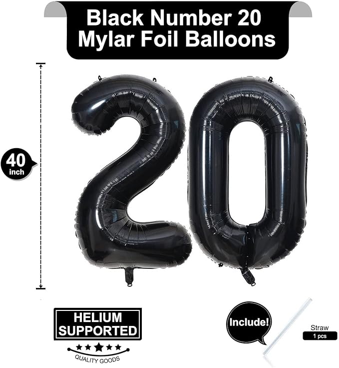 40 Inch Black 20 Number Balloons Giant 20 Balloons Black Birthday Balloons 20th Birthday Anniversary Events Party Decorations Supplies