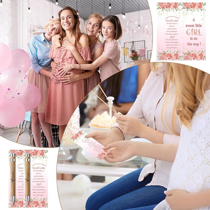 Toerifer 30 Pcs Floral Baby Shower Gifts, Gender Reveal Favors for 30 Guest, Baby Shower Sets, Included Bamboo Pens Thanks Cards, Gender Reveal Souvenirs Prizes, Pink Flower Girls Party Decorations