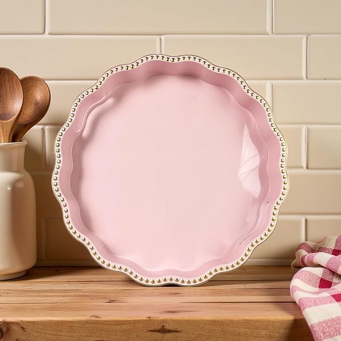 Pink Decorative Tray for Coffee Table, Wavy Scallop Beaded Plastic Serving Tray forKitchen Counter, Ottoman, Living Room, (13")