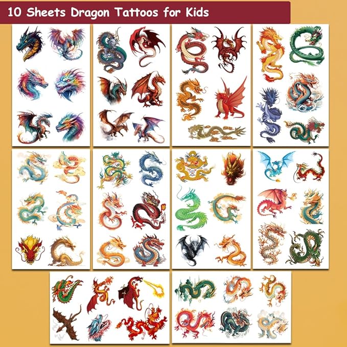 60 Pcs Dragon Temporary Tattoos for Boys Kids, 10 Sheets Dragon Tattoos for Boys Children Birthday Party Supplies Gifts Decoration