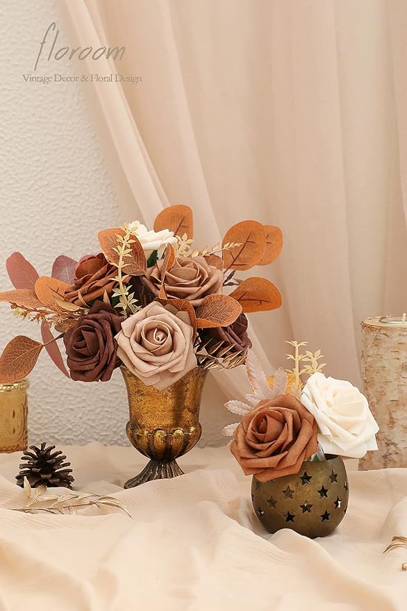 Floroom Artificial Flowers 25pcs Real Looking Earth Tones Ombre Colors Foam Fake Roses with Stems for DIY Wedding Bouquets Bridal Shower Floral Centerpieces Party Tables Home Decorations