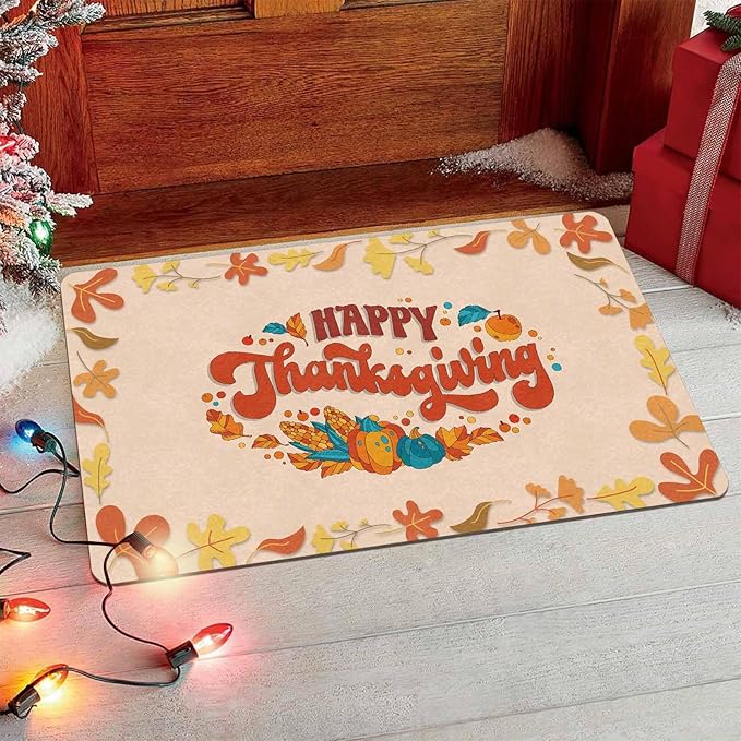 Happy-Thanksgiving Door Mat Fall Welcome Mat for Front Door, Autumn Harvest Seasonal Non Slip Doormat for Entrance Entryway Outside, 24"x16"inch