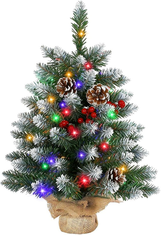 Joyhalo 2ft Small Christmas Tree with Lights Multicolor and Warm White, Flocked Pre Lit Table Top Christmas Tree, 80 Branches Mini Xmas Tree for Room Office Classroom Decoration