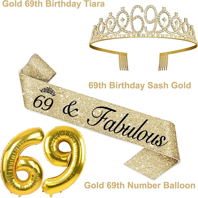 69th Birthday Decorations for Women Gold with 69th Birthday Sash and Crown, Cake Topper and Candles, Number Balloons Gold, 69 Year Old Gifts for Women