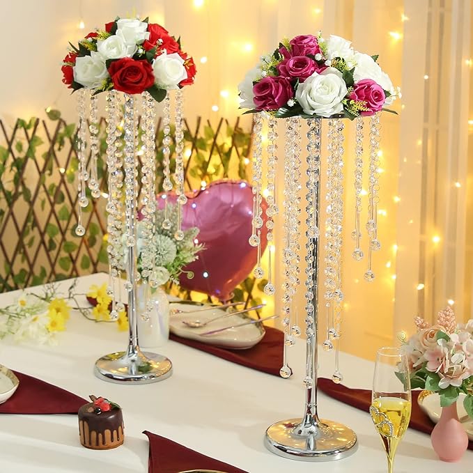 10 Pcs Wedding Centerpieces Vase, 21.6" Silver Metal Flower Holders Centerpiece Vase with Chandelier Crystal,for Reception Tables Décor Wedding Anniversary Party Events