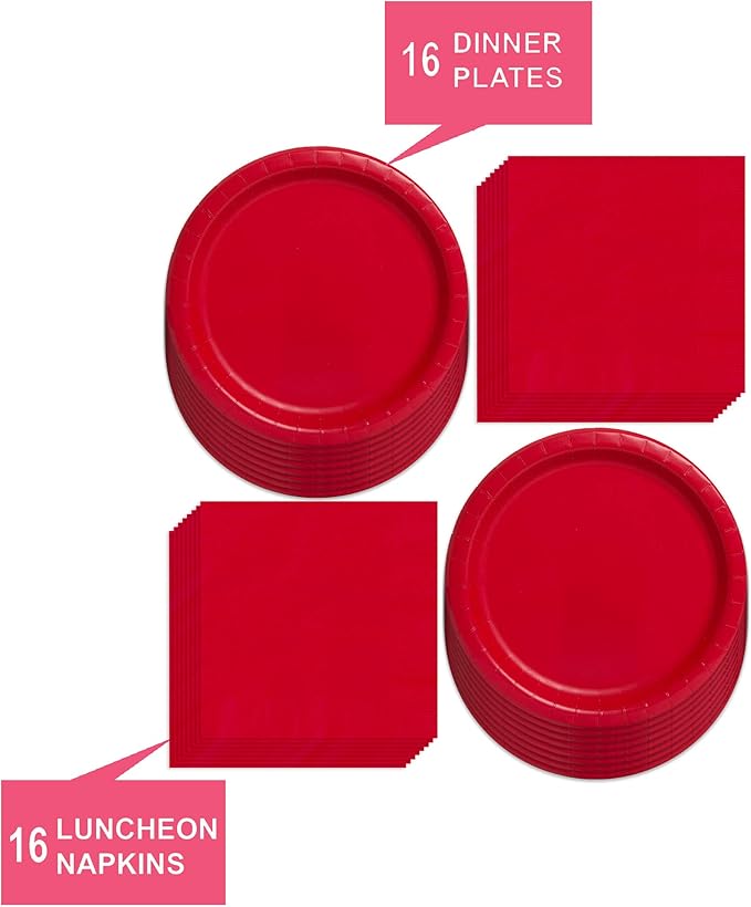 Ruby Red Paper Dinner Plates and Luncheon Napkins, Solid Red Party Supplies and Summer Picnic Table Decorations (Serves 16)
