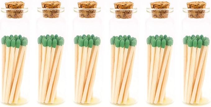 River Birch Decorative Matches in a Bottle with Striker - Cute & Colored Matches - 6 Bottles, Emerald Green Tip, 120 Matches