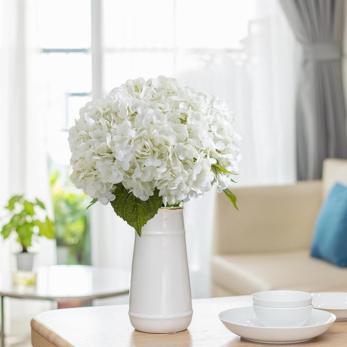 3 Pcs White Hydrangea Artificial Flowers 21" Realistic Latex Faux Hydrangeas Flowers Real Touch Full Heads, Lifelike Long Stem & Leaves for Wedding Outdoor Table Centerpieces Home Party Decoration