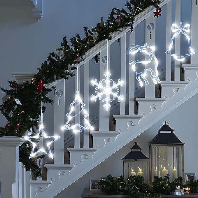 5Pack Christmas Window Lights Decorations with Timer,Battery Powered Christmas Hanging White Lighted Snowflake Tree Star Deer Bells Shaped LED Sucker for Xmas Fireplace Window Indoor Decor