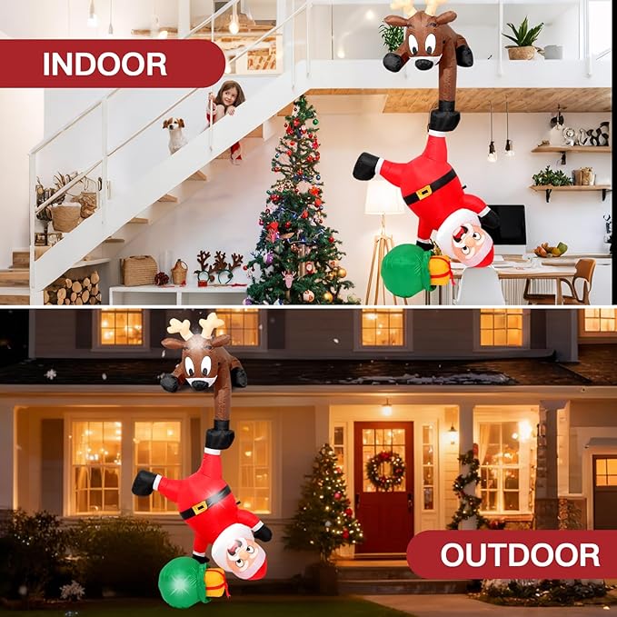8FT Hanging Christmas Inflatables Decorations Outdoor，Blow Up Christmas Reindeer and Climbing Santa Claus with Built-in LEDs Lights for Indoor Holiday Party Yard Garden Lawn Décor