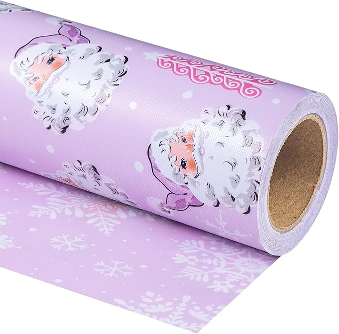 WRAPAHOLIC 30 Inch Jumbo Reversible Christmas Wrapping Paper - 30 Inch x 33 Feet - Purple Santa Claus and Snowflake with Embossed for Christmas, Holiday, Party Celebration