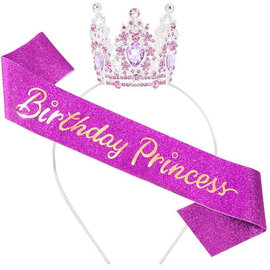 Birthday Princess Sash for Women Tiara & Crowns Headbands for Girls Happy Birthday Party Accessories Favor Supllies Leona Gold Silver Pink Purple, 2 Pack