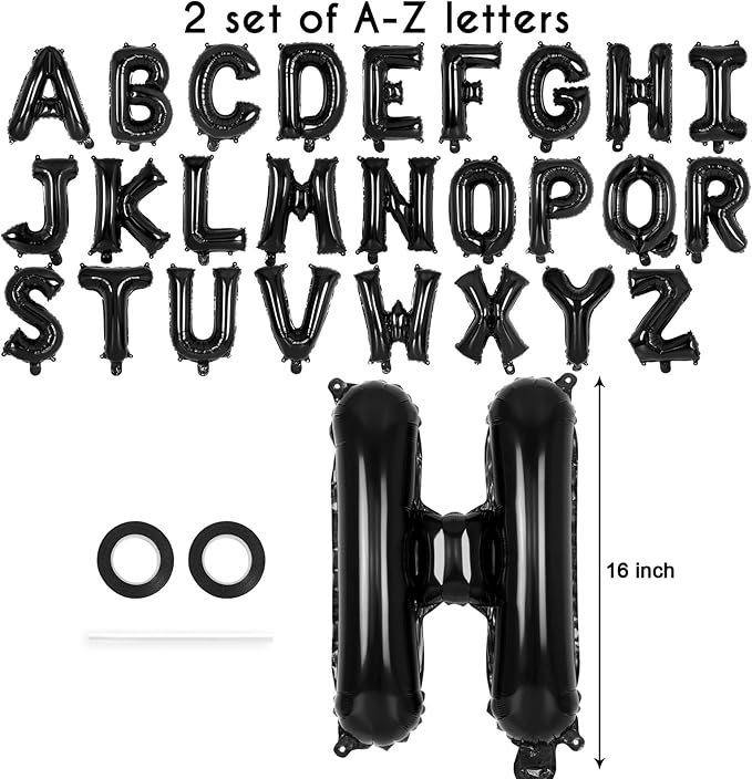 52 Pcs Black Letter Balloons,16 Inch Foil Alphabet Letter Balloons,Letter A-Z Balloon Banner Custom Phrase Balloon for Birthday Party Wedding Anniversary Decoration (Black 52pcs)