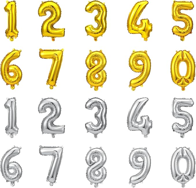 20 Pcs Number Balloons 16 Inch Gold 0-9 Number Foil Balloons Gold Custom Digital Balloon for Birthday Party Engagement Graduations Anniversary Baby Shower Decorations Party Supplies