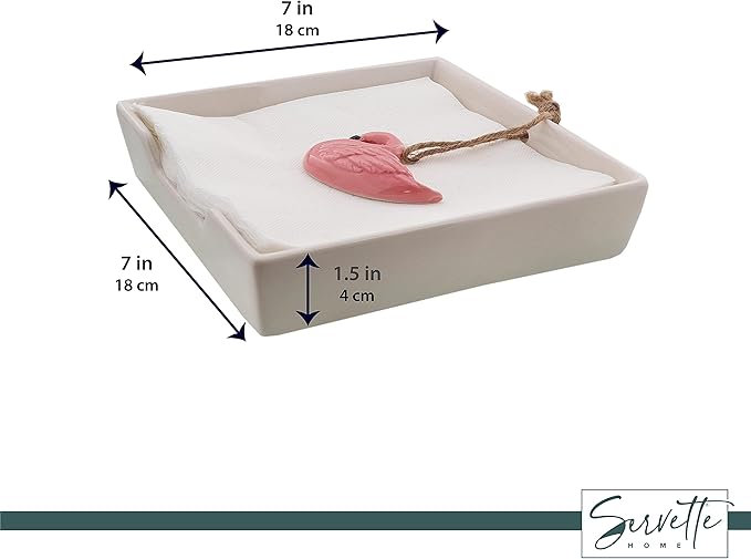White Ceramic Lunch Napkin Holder with Roped Weight - Flamingo