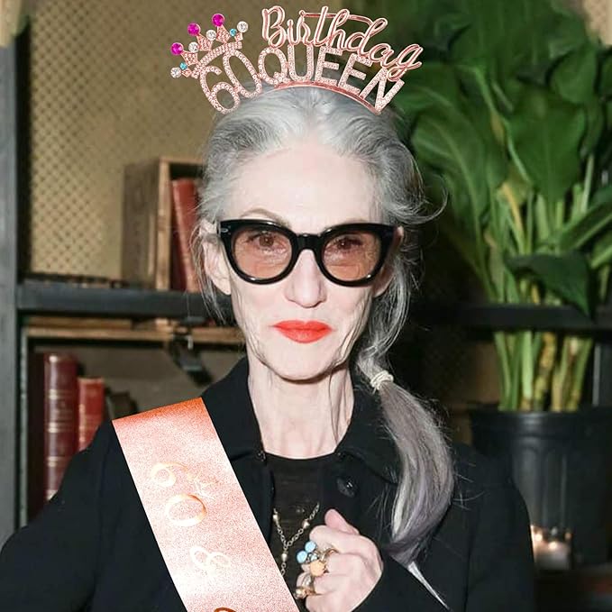 VELSCRUN 60th Birthday Queen Headband, Tiara Crown for Women, 60th Birthday Decorations for Her, Birth Queen Tiaras Crowns Sash for Women Mom Birth Party Decoration Hair Accessories Rose Gold