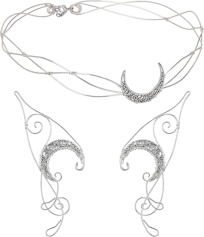 Renaissance Fairy Tale Costume Set - Elf Ear Cuff Earrings Decorative Medieval Fairy Winding Tiara Crown for Cosplay