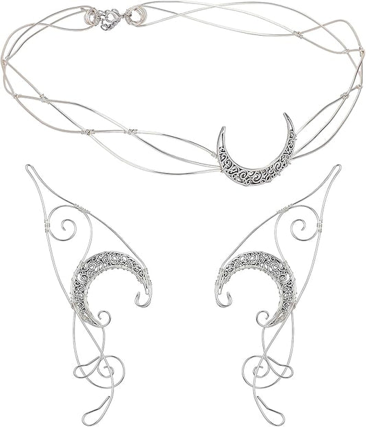 Renaissance Fairy Tale Costume Set - Elf Ear Cuff Earrings Decorative Medieval Fairy Winding Tiara Crown for Cosplay