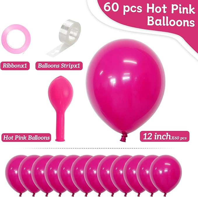 Hot Pink Balloons 60 PCS 12 Inch Magenta Fuchsia Dark Pink Balloon for Birthday Party Baby Shower Bridal Shower Valentine's Day Arch Kit Garland