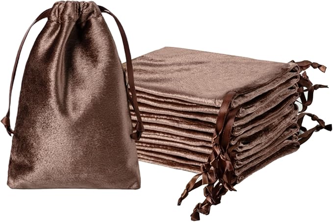 QIANF 12pcs Brown Velvet Drawstring Bags 4x6 inches Glossy Small Velvet Cloth Gift Bags Jewelry Pouches for Storage Wedding Party Favor Christmas
