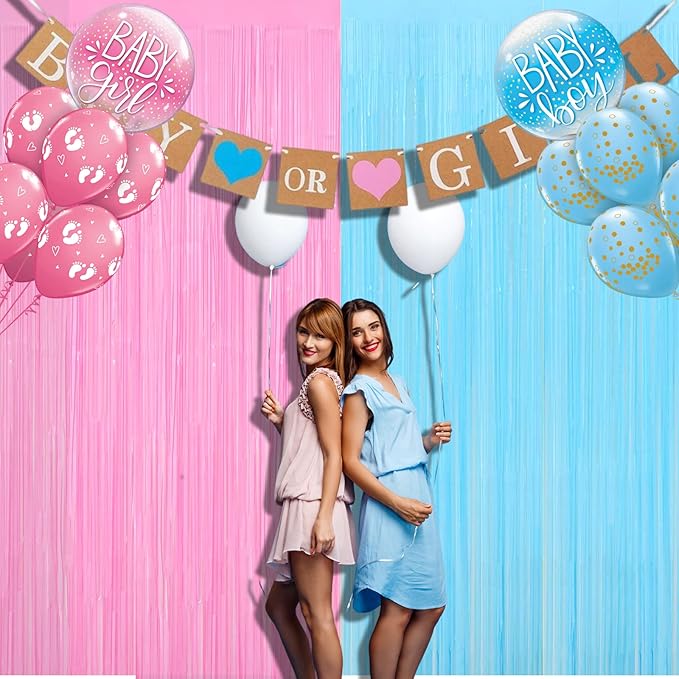 4 Pack 3.2Ft x 9.8Ft Macaron Pink Blue Foil Fringe Curtain Backdrop, Metallic Tinsel Foil Fringe Streamers for Photo Booth, Wedding, Gender Reveal Backdrop Boy or Girl Birthday Party Decoration