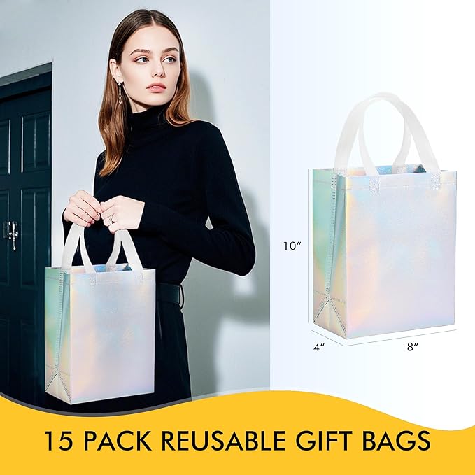 100 Pcs Iridescent Glossy Gift Bags Medium Size, 8x4x10 In Holographic Reusable Gift Bags with Handles & Sturdy Base, Ideal for Birthday, Wedding, Bachelorette, Party Favors, Holiday Goodie Bag