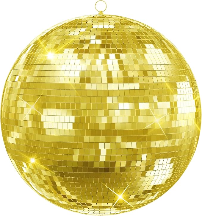 Classic Mirror Ball for Disco, 12"/16"/20" Mirror Disco Ball with Hanging Ring for DJ Club Party Live Wedding Stage Lighting Home Decor Golden 20Inch