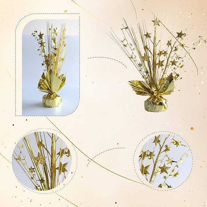 12 Pack Metallic Gold Foil Spray Centerpieces Stars Brust Table Centerpieces for Wedding Birthday Anniversary Holiday Party Decor, Metallic Star Balloon Wights for Party, Table Decor for Party