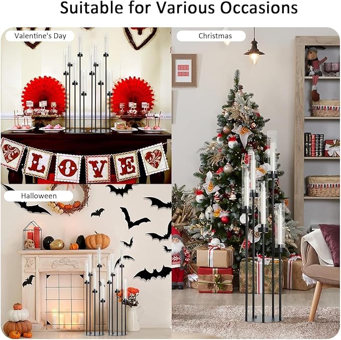 39.8''Matte Black Candle Holder with Acrylic Shades Tall 5 Arm Candelabra Black Table Centerpiece 2PCS for Wedding Living Dining Room Fireplace Decoration Fit 0.98''LED Taper Candle