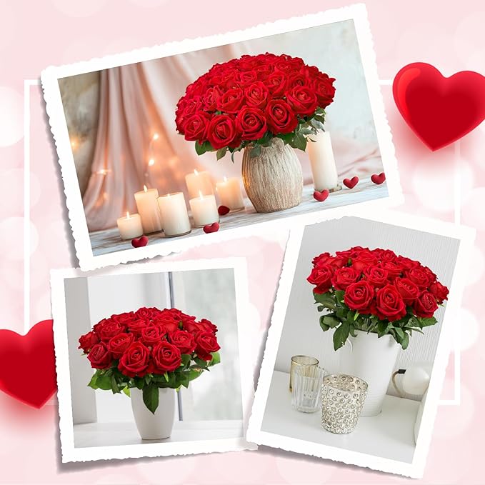 Wondrus Bulk Artificial Flowers 100 PCS, Fake Velvet Silk Red Roses with Long Stems Realistic Bouquet for Wedding Centerpieces, Faux Arrangement for Home Table Decor
