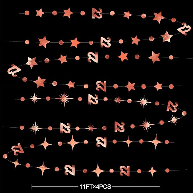 Rose Gold 22nd Birthday Decorations Number 22 Circle Dot Star Garland Streamer Bunting Banner Backdrop for Womens Feeling 22 Twenty Two Year Old Birthday Happy 22th Anniversary Party Supplies