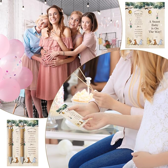 30 Pieces Baby Shower Gifts for Guests, Winnie Baby Shower Sets, Included Bamboo Pens Greeting Cards, Gender Reveal Souvenirs Prizes, Winnie Baby Shower Decor
