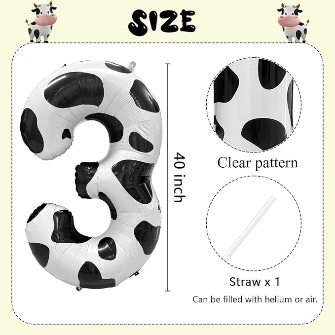 Cow Print Number Balloons, Large Foil Number 3 Balloon 40 Inch Cow Balloon for Boys Girls Birthday Decoration Cow Themed Birthday Party Decorations Farm Animal Party Supplies