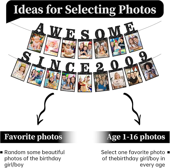 Pre-strung Awesome Since 2009 Photo Banner Birthday Decorations for Girls Boys- Black Glitter Sweet 16th Birthday and Anniversary Decorations Party Supplies