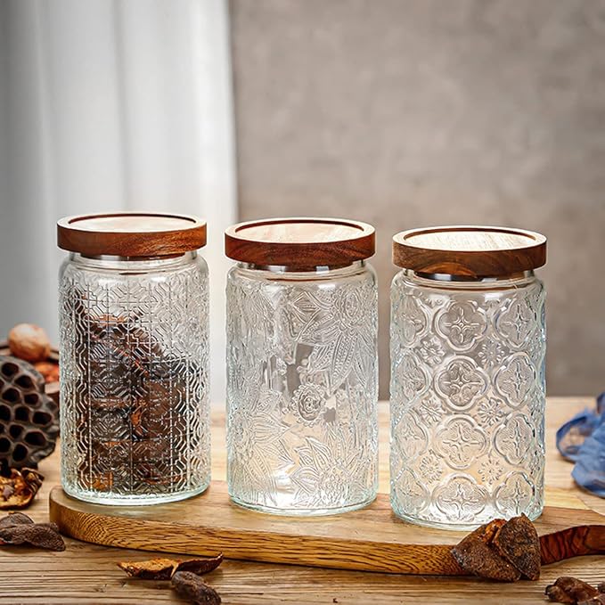 ANSQU Vintage Glass Storage Jar, Glass Canister Storage Jar Container with Airtight Wooden Lid for Kitchen Counter, Pantry, Coffee, Tea, Sugar, Cookie Jars (Round&Square-Sunflower)