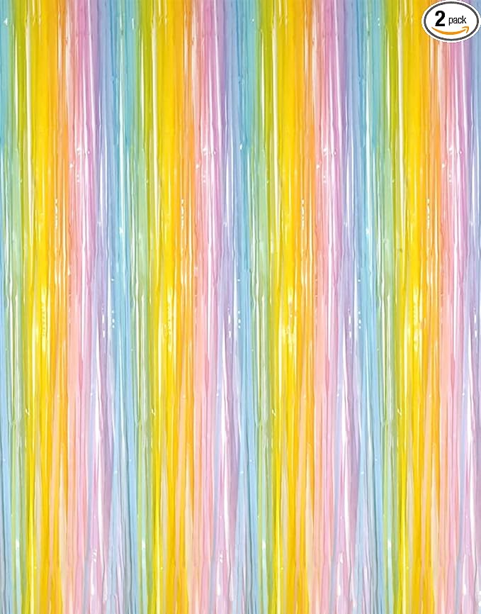 2 Pcs 3.2ft x 8.2ft Rainbow Metallic Tinsel Foil Fringe Curtain Party Streamers Photo Booth Backdrop Prop for Wedding Holiday Baby Shower Bachelorette Party Décor