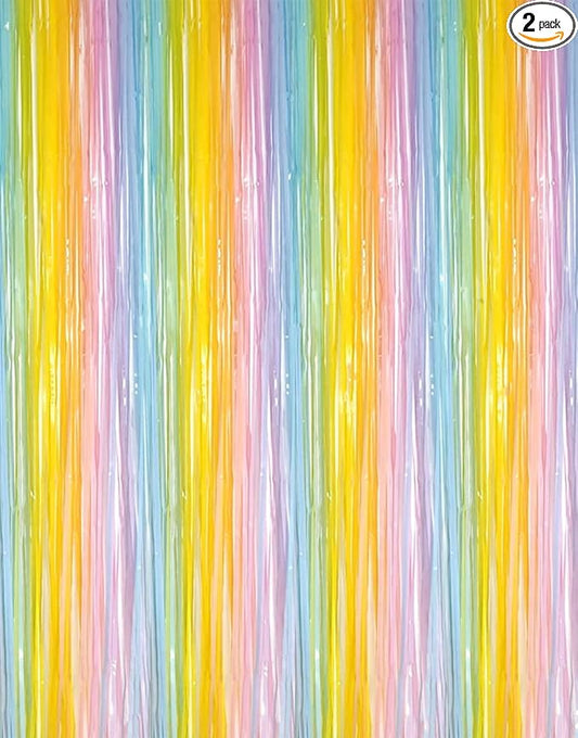 2 Pcs 3.2ft x 8.2ft Rainbow Metallic Tinsel Foil Fringe Curtain Party Streamers Photo Booth Backdrop Prop for Wedding Holiday Baby Shower Bachelorette Party Décor